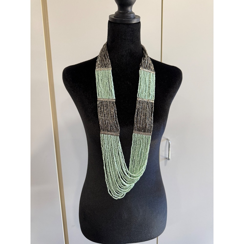 Mint Green and Gunmetal Grey Multi Strand Seed Bead Statement Necklace Long